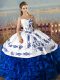 Elegant Sleeveless Floor Length Embroidery and Ruffles Lace Up Vestidos de Quinceanera with Blue And White