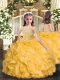 Gold Organza Lace Up Straps Sleeveless Floor Length Kids Pageant Dress Beading and Ruffles