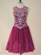 Beauteous Burgundy A-line Scoop Sleeveless Tulle Mini Length Lace Up Beading and Lace