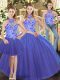 Three Pieces Quince Ball Gowns Blue Halter Top Sleeveless Floor Length Lace Up