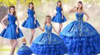 Custom Made Blue Organza Lace Up Sweet 16 Dresses Sleeveless Embroidery and Ruffled Layers