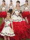 Stunning White And Red Organza Lace Up Off The Shoulder Sleeveless Floor Length Quinceanera Dress Embroidery and Ruffles  Stunning White And Red Organza Lace Up Off The Shoulder Sleeveless Floor Length Quinceanera Dress Embroidery and Ruffles