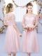Baby Pink Half Sleeves Tea Length Lace and Belt Lace Up Quinceanera Court Dresses