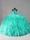 Admirable Brush Train Ball Gowns Quince Ball Gowns Aqua Blue Halter Top Organza Sleeveless Zipper