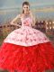 Low Price Red Sleeveless Court Train Embroidery and Ruffles Floor Length Sweet 16 Dress
