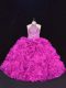 Exceptional Fuchsia Ball Gowns Halter Top Sleeveless Organza Floor Length Lace Up Beading and Ruffles Quinceanera Dresses