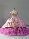 Inexpensive Off The Shoulder Sleeveless Ball Gown Prom Dress Chapel Train Embroidery and Ruffles Lilac Organza