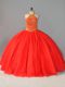 Red Ball Gowns Beading 15 Quinceanera Dress Lace Up Tulle Sleeveless Floor Length