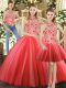 Three Pieces Quinceanera Dresses Red Halter Top Tulle Sleeveless Floor Length Lace Up