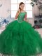 Green Sleeveless Floor Length Beading and Ruffles Zipper Quinceanera Gown