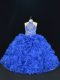 Custom Made Sleeveless Organza Floor Length Lace Up Quince Ball Gowns in Royal Blue with Beading and Ruffles