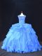Blue Sleeveless Brush Train Beading and Ruffles Sweet 16 Dress