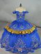 Blue Ball Gowns Satin and Organza Off The Shoulder Sleeveless Embroidery Floor Length Lace Up 15th Birthday Dress