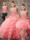 Watermelon Red Quinceanera Dresses Organza Court Train Sleeveless Beading and Ruffled Layers