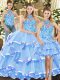 Halter Top Sleeveless Organza Ball Gown Prom Dress Embroidery and Ruffled Layers Lace Up