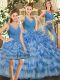 Pretty Blue V-neck Neckline Ruffles and Ruffled Layers Quinceanera Gown Sleeveless Backless
