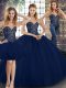 Floor Length Three Pieces Sleeveless Navy Blue Ball Gown Prom Dress Lace Up