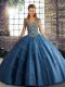 Excellent Floor Length Lace Up Vestidos de Quinceanera Blue for Military Ball and Sweet 16 and Quinceanera with Beading and Appliques