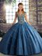 Excellent Floor Length Lace Up Vestidos de Quinceanera Blue for Military Ball and Sweet 16 and Quinceanera with Beading and Appliques
