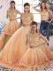 Cheap Gold and Peach Sweet 16 Dresses Scalloped Sleeveless Sweep Train Backless