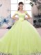 Romantic Yellow Green Ball Gowns Off The Shoulder Short Sleeves Tulle Floor Length Lace Up Lace and Hand Made Flower Quince Ball Gowns
