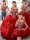 Fitting Organza Scoop Sleeveless Zipper Beading and Ruffles Ball Gown Prom Dress in Red