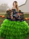Green Ball Gowns Organza Off The Shoulder Sleeveless Embroidery and Ruffled Layers Floor Length Lace Up Sweet 16 Quinceanera Dress
