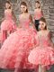 Flirting Watermelon Red Straps Lace Up Beading and Ruffled Layers Sweet 16 Dress Court Train Sleeveless