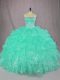 New Style Floor Length Turquoise Vestidos de Quinceanera Organza Sleeveless Beading and Ruffles