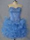 Mini Length Blue Prom Gown Organza Sleeveless Beading and Ruffles