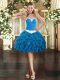Classical Mini Length Blue Prom Dresses Organza Sleeveless Appliques and Ruffles