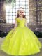Latest Yellow Green Sleeveless Beading and Hand Made Flower Floor Length Kids Pageant Dress