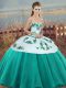 Sweetheart Sleeveless Quinceanera Gowns Floor Length Embroidery and Bowknot Turquoise Tulle