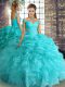 Noble Aqua Blue 15 Quinceanera Dress Military Ball and Sweet 16 and Quinceanera with Beading and Ruffles and Pick Ups Off The Shoulder Sleeveless Lace Up