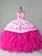 Organza Halter Top Sleeveless Court Train Lace Up Embroidery and Ruffles Quinceanera Dress in Hot Pink