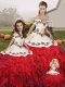White And Red Ball Gown Prom Dress Military Ball and Sweet 16 and Quinceanera with Embroidery and Ruffles Off The Shoulder Sleeveless Lace Up