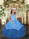 Most Popular Blue Sleeveless Embroidery Floor Length Little Girls Pageant Dress