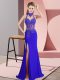 Excellent Royal Blue Column/Sheath Chiffon Halter Top Sleeveless Lace and Appliques Floor Length Backless Homecoming Dress