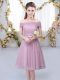 Most Popular Pink Empire Off The Shoulder Short Sleeves Tulle Knee Length Lace Up Belt Dama Dress