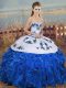 Discount Organza Sweetheart Sleeveless Lace Up Embroidery and Ruffles and Bowknot Quinceanera Gowns in Blue And White
