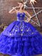 Modest Royal Blue Organza Lace Up Sweetheart Sleeveless Floor Length Quinceanera Dress Embroidery and Ruffled Layers