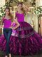 Trendy Halter Top Sleeveless Quinceanera Dress Floor Length Embroidery and Ruffles Fuchsia Organza