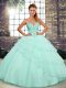 Sleeveless Beading and Ruffled Layers Lace Up Quince Ball Gowns with Apple Green Brush Train