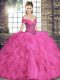 Floor Length Lace Up Sweet 16 Dress Hot Pink for Military Ball and Sweet 16 and Quinceanera with Beading and Ruffles