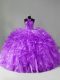 Flare Purple Organza Zipper Halter Top Sleeveless Vestidos de Quinceanera Brush Train Beading and Ruffles
