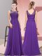 Stylish Purple Empire Chiffon Scoop Sleeveless Beading and Appliques Floor Length Zipper Damas Dress