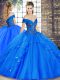 Custom Made Royal Blue 15 Quinceanera Dress Military Ball and Sweet 16 and Quinceanera with Beading and Ruffles Off The Shoulder Sleeveless Lace Up