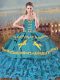 Smart Sleeveless Satin and Organza Floor Length Brush Train Lace Up Quinceanera Dresses in Blue with Embroidery and Ruffles