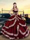 Satin Sweetheart Sleeveless Lace Up Embroidery and Ruffled Layers Quince Ball Gowns in Wine Red