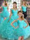 Comfortable Fabric With Rolling Flowers Off The Shoulder Sleeveless Lace Up Beading Quince Ball Gowns in Aqua Blue